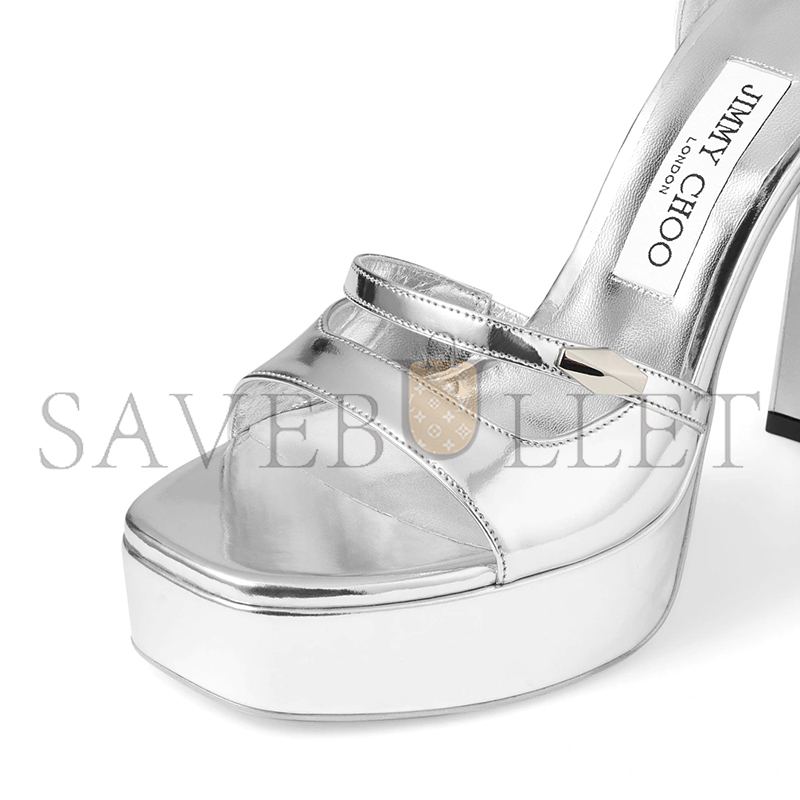 JIMMY CHOO CLARESSA PLATFORM 125 SILVER LIQUID METAL LEATHER PLATFORM SANDALS CLARESSAPF125QUI